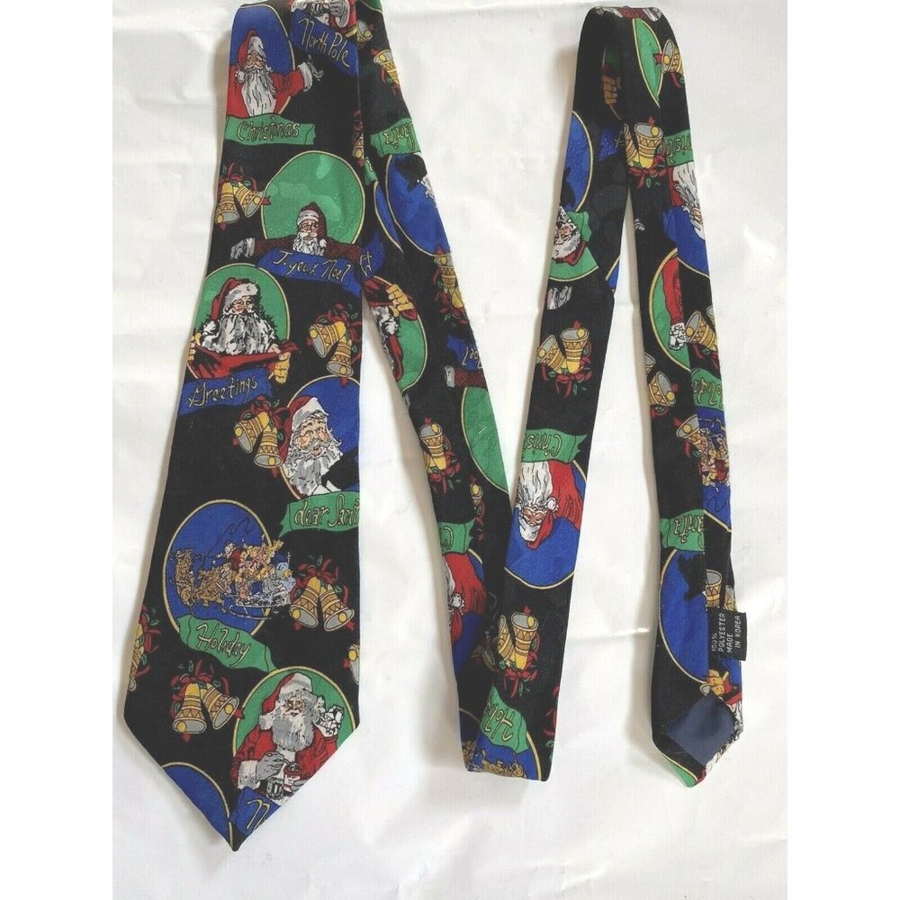 Vintage Holiday Christmas Tie 100% Polyester Made In Korea Santa & Sleigh Design